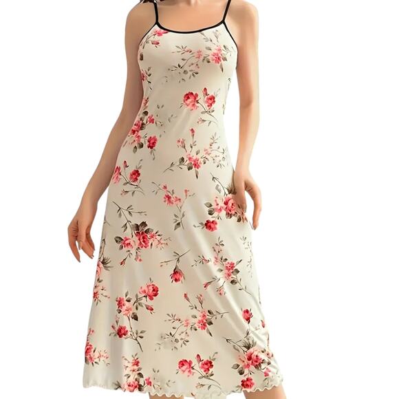 Plus Size 4XL Floral Nightgown Lettuce Trim Cami Dress | Ivory with Pink Roses - Picture 1 of 12